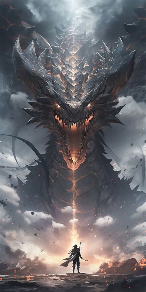 A Man Standing In Front Of A Giant Dragon On Top Of A Cloud Covered Sky