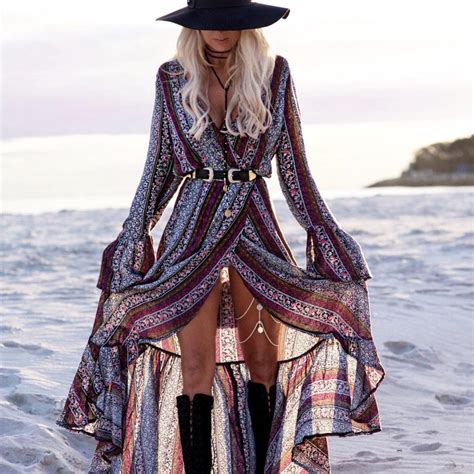 V Neck Bohemian Long Sleeve Printed Summer Beach Dress On Luulla