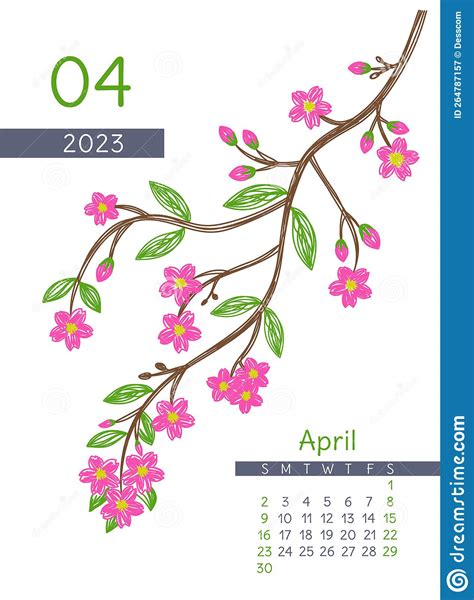 April Calendar 2023 Year Sakura Botanical Illustration Calender