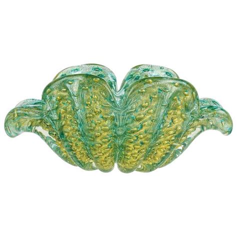 Barovier E Toso Murano Green Gold Flecks Italian Art Glass Flower Form Bowl Dish At 1stdibs