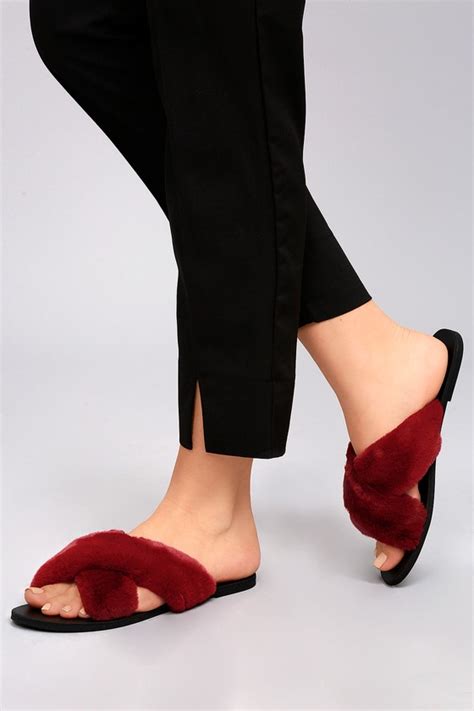 Luxe Fur Slides Burgundy Side Sandals Fur Sandals Lulus