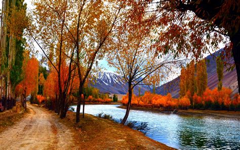 Autumn Scenery Trees Red Leaves Lake Path Mountains