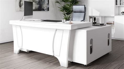 The tops have reversed diamond matched veneers with a black inlaid border. Quincy White Executive Desk with Return | Modern ...