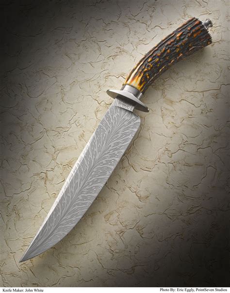 This Feather Pattern Damascus Blade Bowie With A Stag Handle By Master