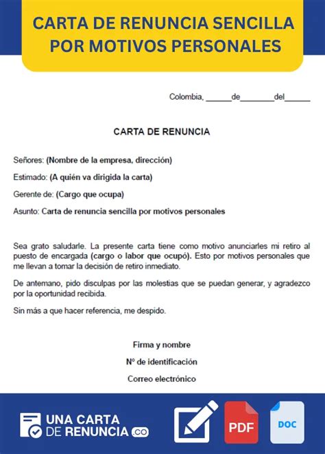 Carta De Renuncia Sencilla Por Motivos Personales ️