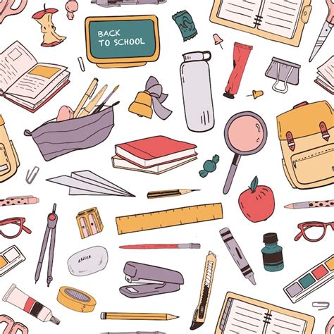 Colorful Seamless Pattern With Scattered School Supplies Or Stationery