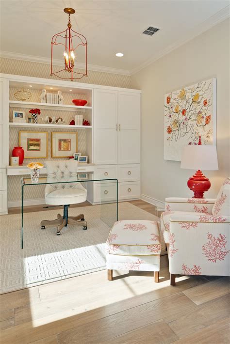 Neutral Contemporary Home Office With Red Wire Chandelier
