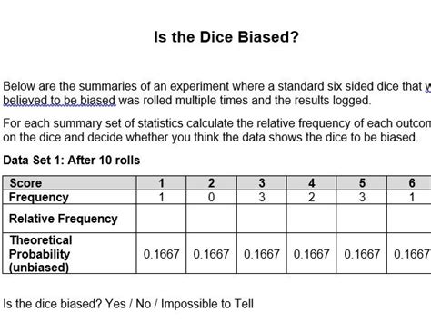 Relative Frequency And Biased Dice Teaching Resources