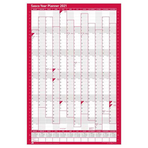 Sasco 2021 Year Planner Portrait Unmounted With Pen Kit 915x610mm Red