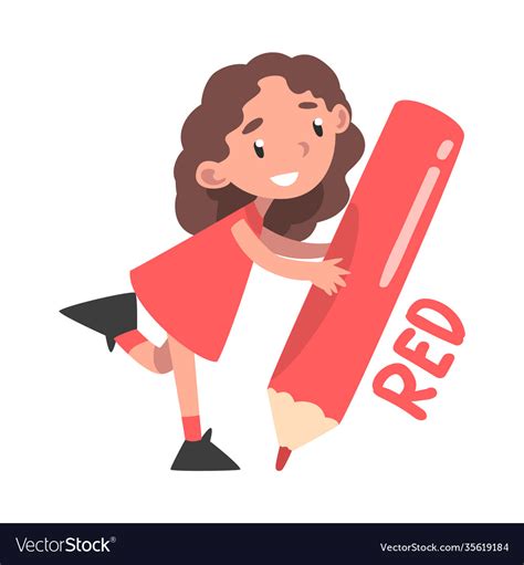 tiny girl holding huge red pencil cute royalty free vector