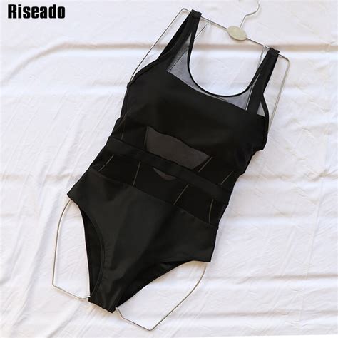 Riseado Sexy Mesh One Piece Swimsuit 2021 Swimwear Women Black Swimming
