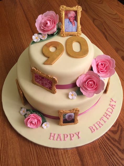 90th Birthday Cake With Gold Photo Frames And Pink Roses 90th