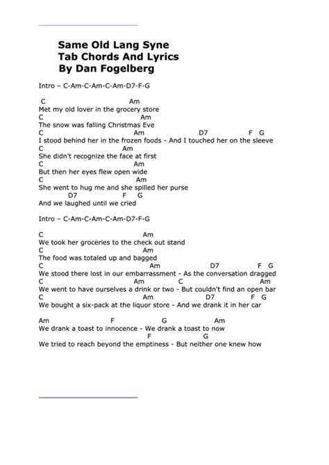 Same Old Lang Syne Tab Chords And Lyrics By Dan Fogelberg Printable Pdf