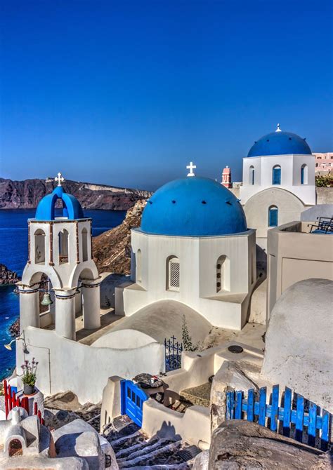 Blue Dome Churches In Oia Oia Santorini Greece Santorini Greece