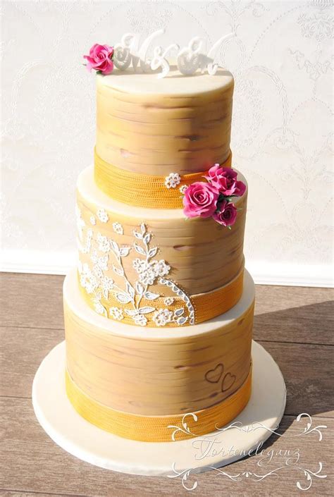 Rustic Wedding Custom Lace On A Birch Cake With Burlap Cakesdecor