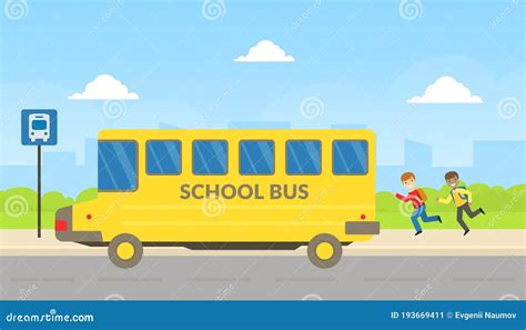 School Boys Running To Yellow School Bus At Bus Stop Cartoon Vector