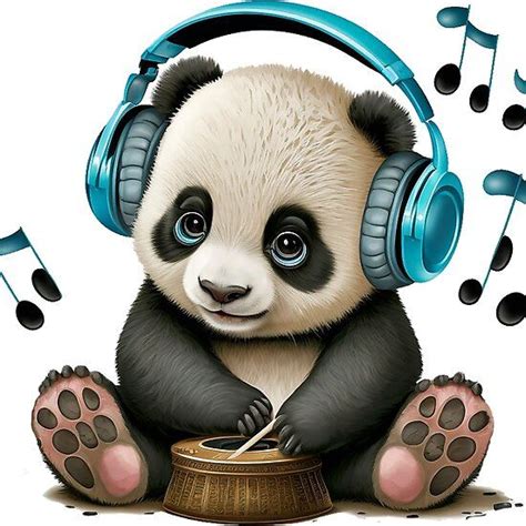 A Panda Bear Wearing Headphones And Listening To Music