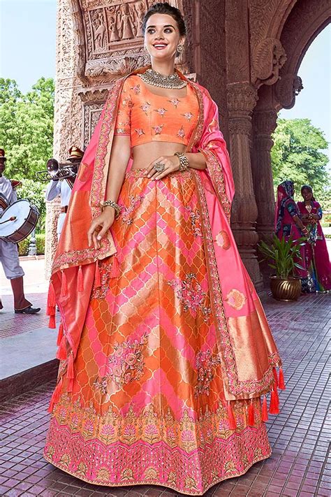Buy Orange And Pink Zari Embroidered Silk Indian Lehenga Choli Online Like A Diva