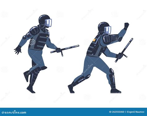 riot police officer and squad member in uniform and helmet with baton fighting vector set stock