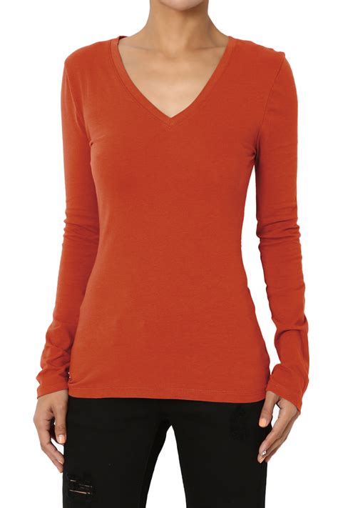 Themogan Women S Basic Plain Solid V Neck Long Sleeve Tee Cotton Fitted