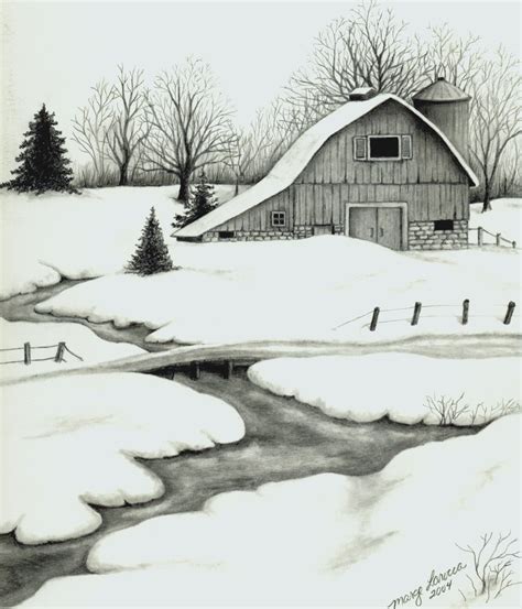 Winter Barn Pencil Drawing 풍경 스케치 에펠탑 그림 풍경화