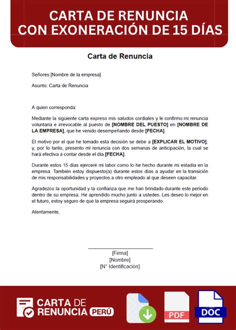 Carta De Renuncia Con Exoneración De 15 Días Ejemplos ️