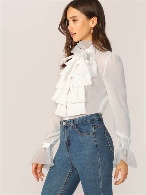 high neck button up flounce sleeve ruffle blouse ruffle blouse blazer outfits blouses for women