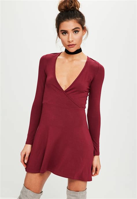 Missguided Burgundy Long Sleeve Jersey Skater Dress In Red Lyst