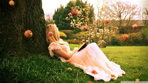 wallpaper women outdoors fantasy girl grass white dress apples lying down spring