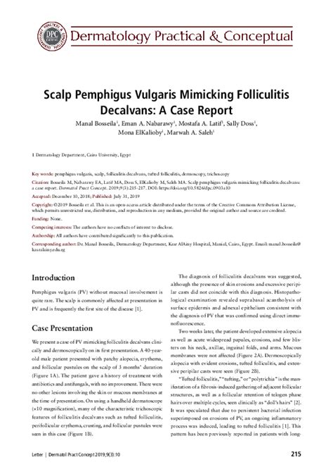 Pdf Scalp Pemphigus Vulgaris Mimicking Folliculitis Decalvans A Case