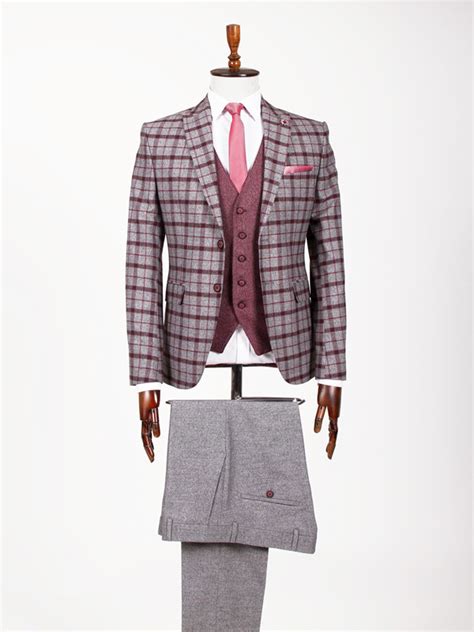 Buy Burgundy Slim Fit Plaid Suit By Bespokedaily Worldwide Shipping