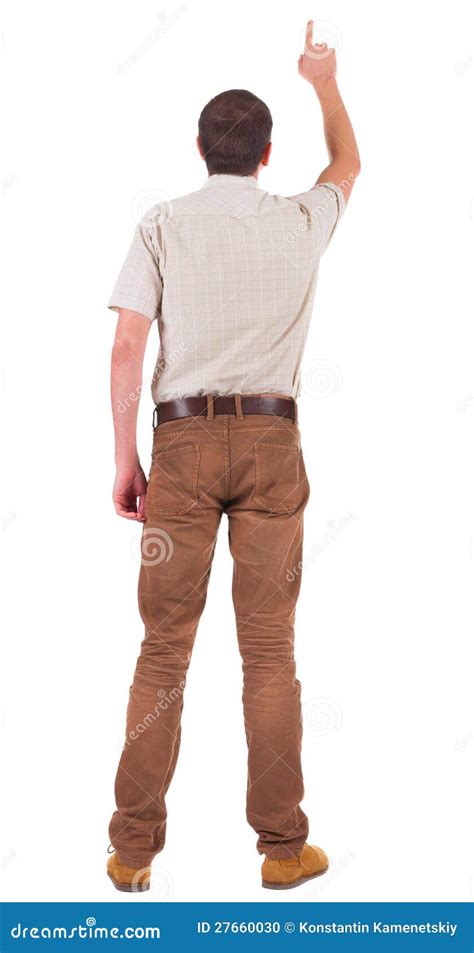 Back View Of Pointing Young Men In Shirt And Jeans Stock Photo Image