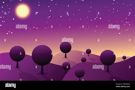 Abstract Illustration Background Tree Hill And Night Moon Easy To