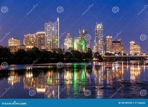 Beautiful Austin Skyline Reflection At Twilight Stock Photo Image Of