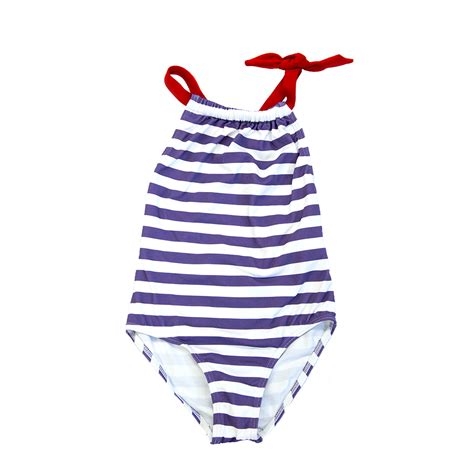 Girls Blue And White Horizontal Striped Swimsuit Pluunge