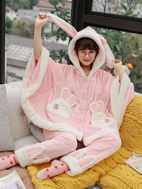 Pinky Bunny Fleece Pajamas Cute Pajamas Kawaii Pjs Fleece Pajamas