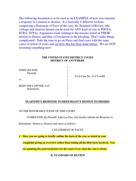 Response To Motion To Dismiss Template Example Federal Rules Of Civil