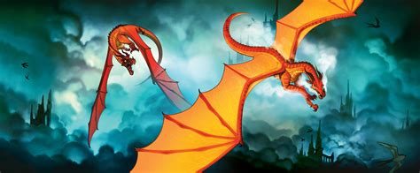 an orange dragon flying through the sky