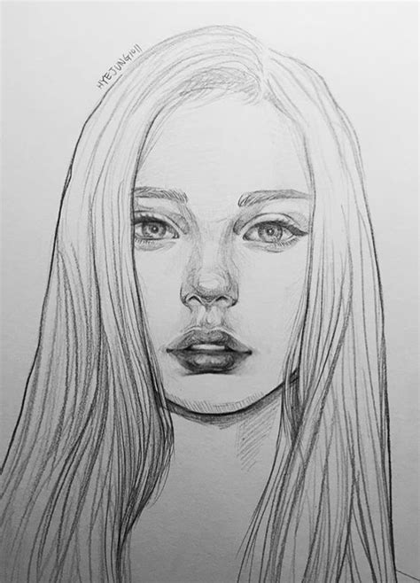 A Drawing Of A Womans Face With Long Hair And Blue Eyes Drawn In Pencil