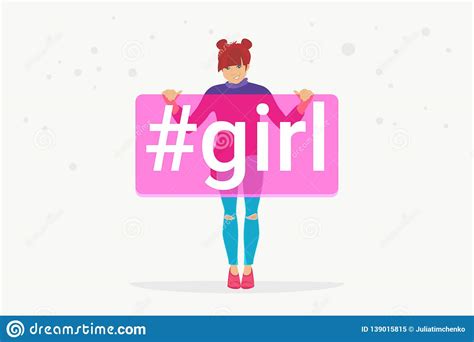 Hashtag Girl Concept Flat Vector Illustration Of Happy Teenager Smiling
