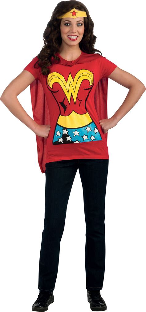 Womens Official Wonder Woman Superhero Costume T Shirt With Cape Red Dc