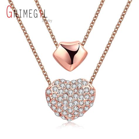 Gnimegil Brand Jewelry Austrian Crystal Double Heart Necklaces Pendants Wedding Fashion
