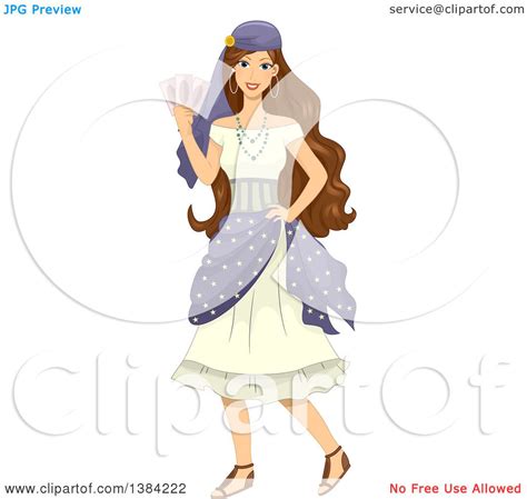 Clipart Of A Brunette Gypsy Woman Holding Cards Royalty Free Vector