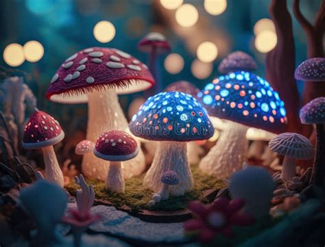 Fantasy Mushroom Landscape In The Forest Created With Generative Ai