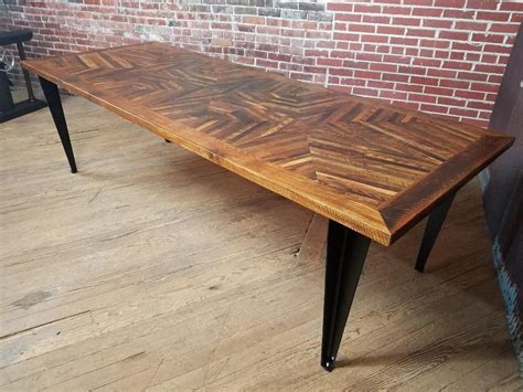 Handmade Reclaimed Wood Inlaid Table With Heavy Steel Base Custom