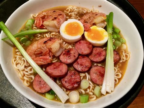 Spicy Ramen Noodles With Jumbo Shrimp And Seared Sausages Our Wild