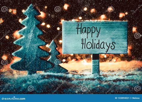 Sign Tree Snow Calligraphy Happy Holidays Snowflakes Stock Image