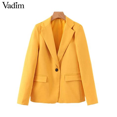 Vadim Women Chic Yellow Blazer Pockets Single Button Long Sleeve Office