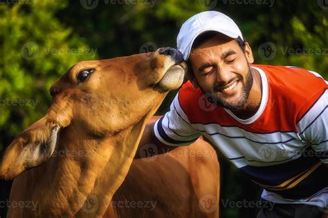 Homem Com Linda Vaca E Homem Brincando Com Vaca Imagem De Cuidados Com Animais 6918600 Foto De