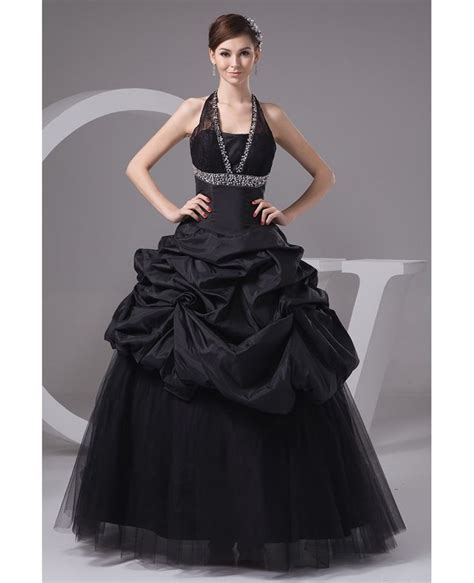 31890 Gothic Sequined Long Halter Black Tulle Wedding Dress